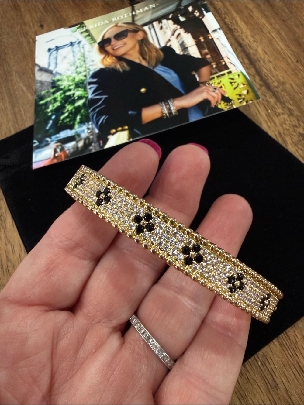 Freida Rothman Gold and Black Pave Crystal Flower Bracelet